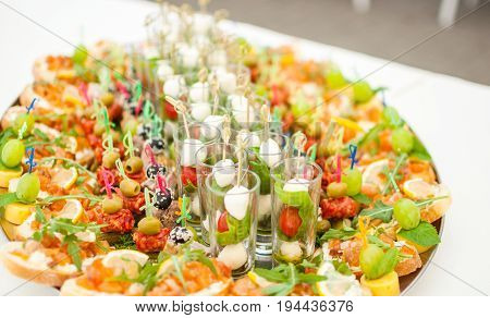 Delicacies and snacks at a buffet or Banquet. Catering. Selective focus