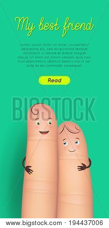Happy friendship day finger card. Ideas and inspiration for dearest person message. Flat style vector realistic illustration on green background