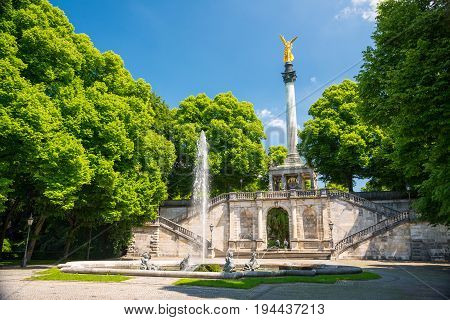 Monument And Golden Angel Of Peace In The Center Of The Capital Of Bavaria.