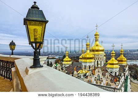 Kiev, Ukraine. Cupolas of Pechersk Lavra Monastery and river Dniepr panoramic city view