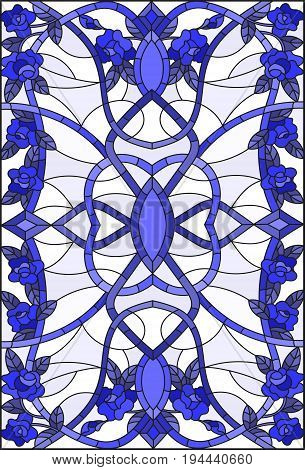 Illustration in stained glass style with abstract swirlsflowers and leaves on a light backgroundvertical orientation gamma blue