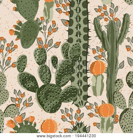 Green vector succulent cactus and orange flowers seamless pattern. Beach wallpaper. Сream background