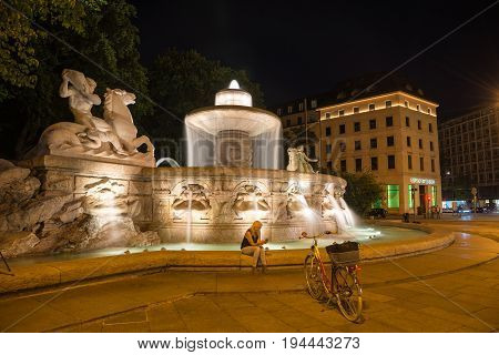 Wittelsbach Fountain In Center Of Munich Bavaria, Germany