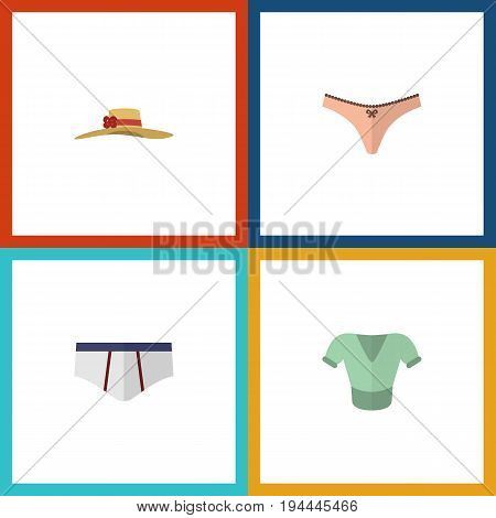 Flat Icon Clothes Set Of Underclothes, Lingerie, Casual And Other Vector Objects. Also Includes Headgear, Woman, Briefs Elements.