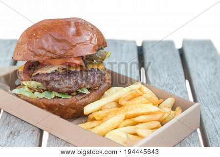 Street food grilled beef burger and fries