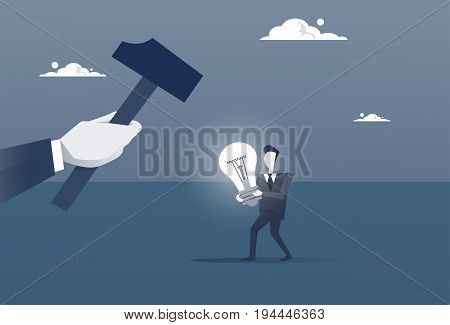 Hand Hold Hammer Broking Business Man With Light Bulb Crack New Idea Concept Concept Flat Vector Illustration