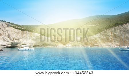 Porto Katsiki Beach In Lefkada Island, Greece. Blured Background