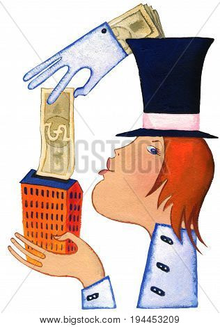 Woman save her money in box on a white background