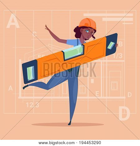 Cartoon Woman Builder Holding Carpenter Level Wearing Uniform And Helmet African American Construction Worker Over Abstract Plan Background Flat Vector Illustration