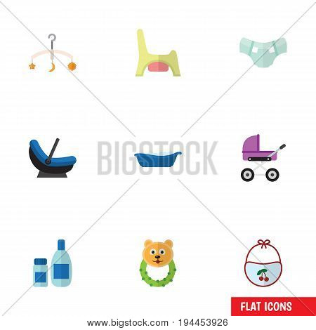 Flat Icon Baby Set Of Pram, Stroller, Rattle And Other Vector Objects. Also Includes Baby, Child, Pinny Elements.
