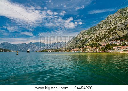 View of Bay of Kotor near Dobrota village in summer day Montenegro