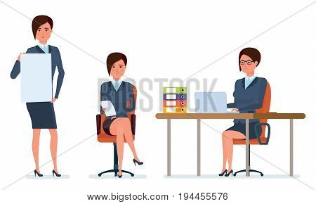 Businesswoman in office work situations concept. Work with documents, archives, projects, analysis, statistics, research. Womens character working in office. Cartoon vector illustration