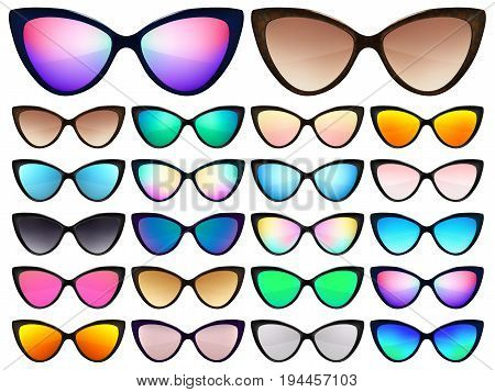 Sunglasses set. Trendy sunglasses colors. Summer eyeglasses. Fashion collection. Summer vacation item. Sunglasses for tropical trip. Cat eye rim style. Retro trend vector.
