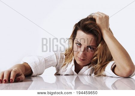 I hate my office work. I can not more work here!!! Office hell. Woman going crazy with work. Low wages overtime working hours lack of career prospects concept. (Body language gestures psychology)