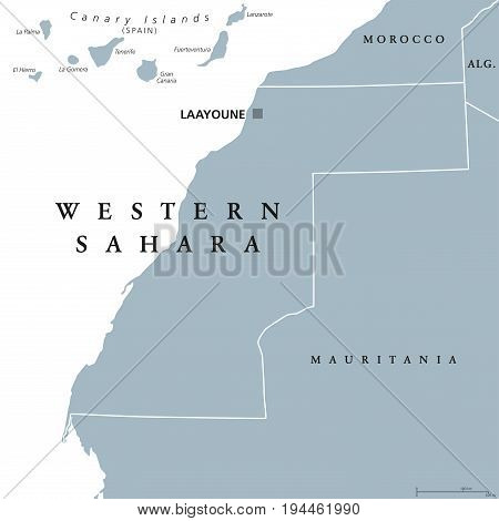Western Sahara political map with capital Laayoune. Disputed, partially Moroccan occupied territory in Maghreb region of North Africa. Gray illustration on white background. English labeling. Vector.