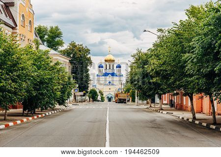 Yelets, Lipetsk region, the street leading to the Ascension Cathedral - the main Orthodox church of the city of Yelets, the cathedral church of Yelets Diocese