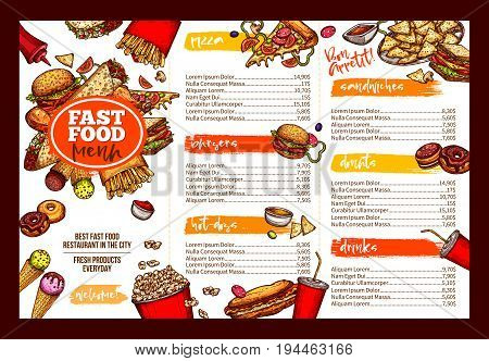 Fast food restaurant menu template. Lunch dishes and drinks list with prices and burger, pizza, hot dog, soda, fries, coffee, donut, taco, sandwich and ice cream sketches for folding brochure design