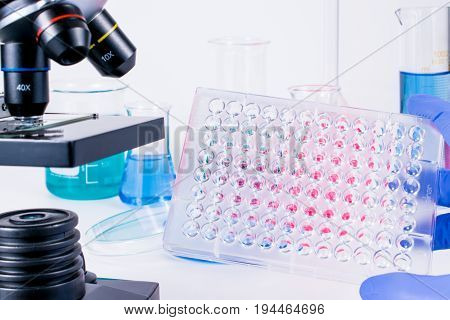 hand of scientist holding 96 well micro plate. examining samples in laboratory and close up of microscope . laboratory science, clinic and research concept.