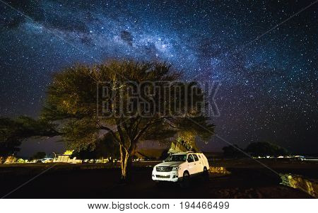 Sesriem, Namibia- 20 May 2017:  Toyota Hilux With Roof Top Tent And The Galaxy At The Sky.  Milky Wa