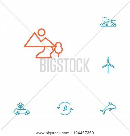 Set Of 6 Ecology Outline Icons Set.Collection Of Landscape, Ecol, Renewable Energy Elements.