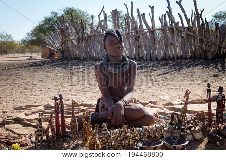 Kamanjab, Namibia - 28 May 2017: Himba Tribe Woman With Ornaments On The Neck In The Village Of Himb