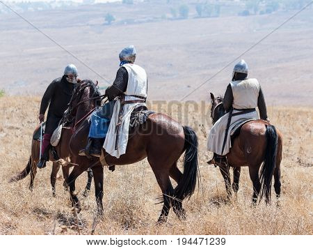 Tiberias Israel July 01 2017 : Participants in the reconstruction of Horns of Hattin battle in 1187 participate in the battle on horseback on the battlefield near TIberias Israel