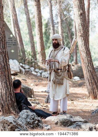 Tiberias Israel July 01 2017 : Participants in the reconstruction of Horns of Hattin battle in 1187 talk in the camp before the campaign near TIberias Israel