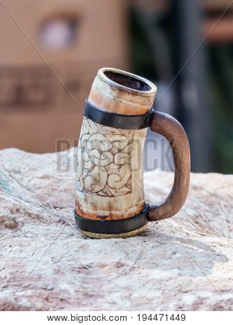 Tiberias Israel July 01 2017 : Cup for drinking one of the participants in the reconstruction of Horns of Hattin battle in 1187 near TIberias Israel