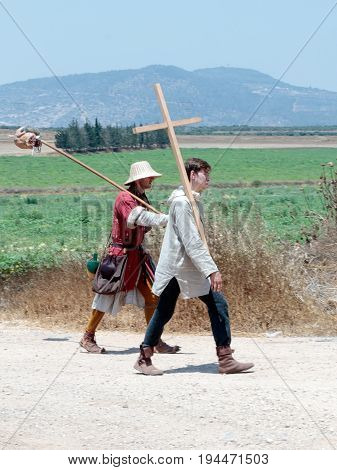Tiberias Israel July 01 2017 : Participants in the reconstruction of Horns of Hattin battle in 1187 left the camp on foot and go to the battle site near TIberias Israel
