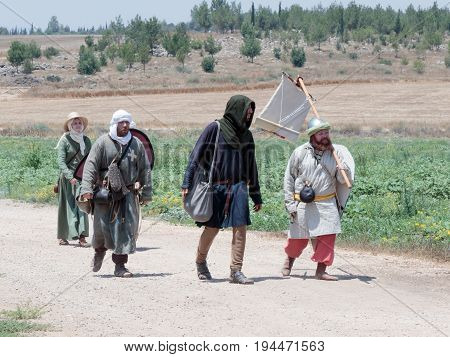 Tiberias Israel July 01 2017 : Participants in the reconstruction of Horns of Hattin battle in 1187 left the camp on foot and go to the battle site near TIberias Israel
