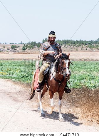 Tiberias Israel July 01 2017 : Participants in the reconstruction of Horns of Hattin battle in 1187 left the camp on horseback and go to the battle site near TIberias Israel