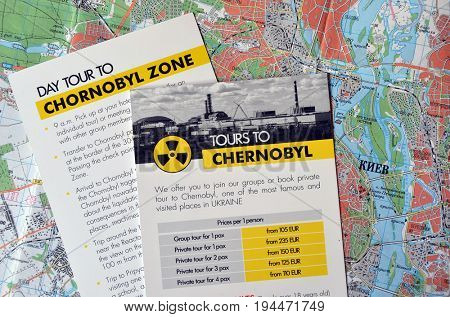 Illustrative Editorial.Comercial booklet of travel agency sugest tourism in Chernobyl Area.Tragedy as attraction.Kiev,Ukraine July 9, 2017