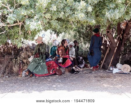 Tiberias Israel July 01 2017 : Participants in the reconstruction of Horns of Hattin battle in 1187 rest on a halt along the way to the battlefield near TIberias Israel