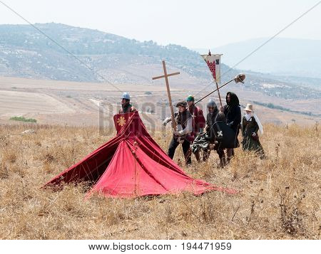Tiberias Israel July 01 2017 : Participants in the reconstruction of Horns of Hattin battle in 1187 moving around the battlefield near Tiberias Israel