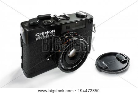 NACHOD, CZECH REPUBLIC - JULY 28, 2016: Vintage film 35 mm  camera Chinon 35EE-II, isolated on white background. Quality product, made in Japan in early 1980s.