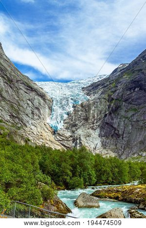 Norway Jostedalsbreen National Park. Famous Bodalsbreen glacier in Bodalsdalen valley.