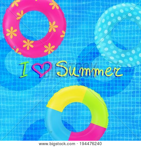 Swim rings on swimming pool water background. Inflatable rubber toy. Realistic summertime illustration. Summer vacation or trip safety item. Top view swimming circles.