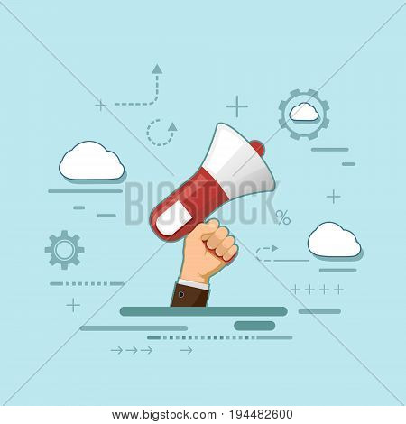 Man holds a megaphone in his hand. Icon of marketing and advertising. Democracy and elections. Stock vector illustration in style of flat line graphics.