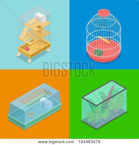 Isometric Pet Carriers with Aquarium and Portable House for Hamster and Bird. Vector flat 3d illustration