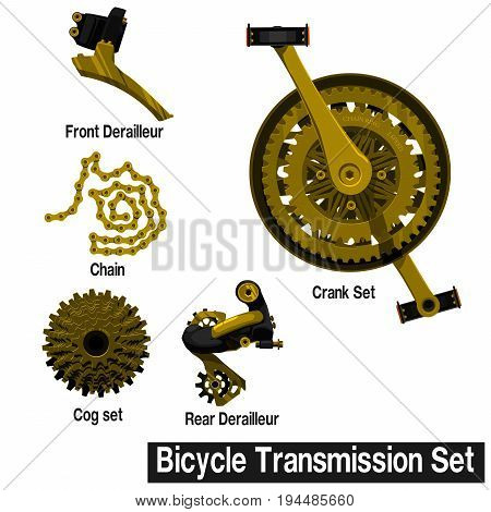 set of Gold bicycle transmission part on transparent background