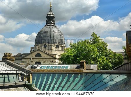 dome of the Church of the Immaculate Heart of Mary on Brompton Road, view from the window of the Victoria and Albert Museum, London