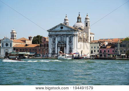 VENICE ITALY: June 20 2017: Santa Maria del Rosario is a Dominican church on the Giudecca Canal. Also known as I Gesuati this classic style building was started in 1725 and consecrated in 1743.