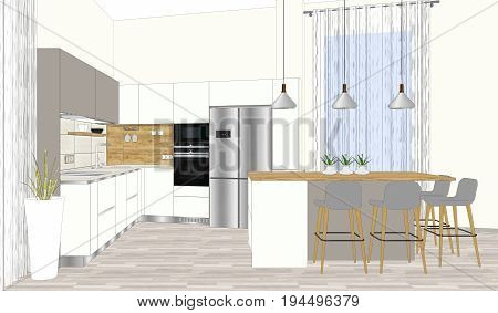 3d illustration. Modern minimal kitchen interior design in light interior. There is also a kitchen island in the room. Home Interior Design Software Programs.Project management.