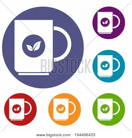 Cup of tea icons set in flat circle reb, blue and green color for web