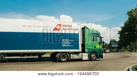 ZURICH SWITZERLAND - MAY 29 2017: MAN 18 400 Tgx truck with white trailer from the Swiss WorldCargo to transport cargo to numerous destinations.