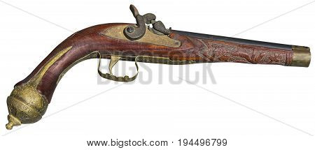 Vintage antique flintlock pistol isolated on white background