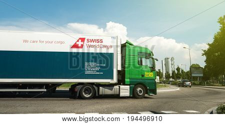 ZURICH SWITZERLAND - MAY 29 2017: MAN 18 400 Tgx truck with white trailer from the Swiss WorldCargo to transport cargo to numerous destinations.