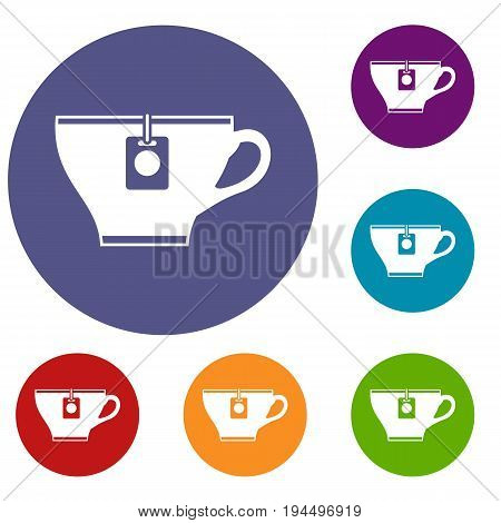 Cup with teabag icons set in flat circle reb, blue and green color for web