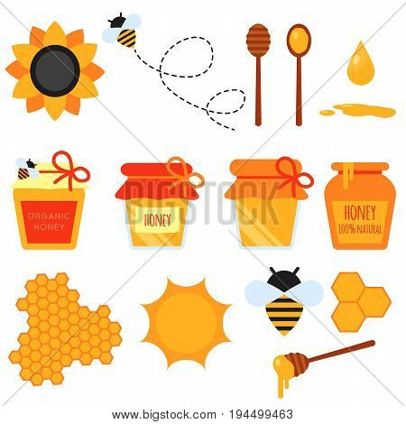 Set of honey flat design elements. Vector flat illustration of bee-keeping element. Honey jar, flying bee, honeycom, sunflower, pot, dipper stick. Easy to scale and recolor. Eps10