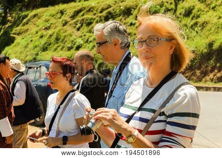 Thimphu, Bhutan - September 10, 2016: Tourists Taking Photos On A Sunny Day Near The Road At Dochula